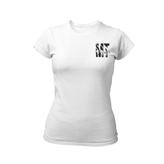 T-Shirt blanc col rond pour femme avec logo MT noir