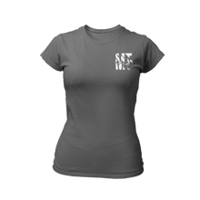 Charger l&#39;image dans la galerie, T-Shirt charcoal col rond pour femme avec logo MT blanc
