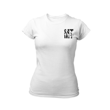 Charger l&#39;image dans la galerie, T-Shirt blanc col rond pour femme avec logo MT noir
